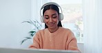 Music, headphones and computer with woman at a home with learning podcast and audio. Study, female student relax and house with web radio and listening to internet sound and streaming online 