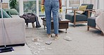 Cleaning, woman walking and back in living room for maid, housekeeper and maintenance work. Home, chemical bottle and hygiene for cleaner service and care with wash product and spray in a house