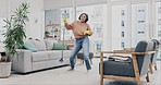 Cleaning, dance and broom with woman in living room for singer, housekeeping and streaming. Hygiene, dust and karaoke with cleaner listening to headphones at home for sweeping, music and energy