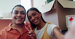 Happy couple, new house with boxes and selfie with peace sign, investment and mortgage future together. Photography, man and woman relax in living room, moving home and smile with excited emoji hand.