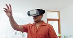 Virtual reality glasses, man and user in home for cyber fantasy, digital world and video game. Guy, VR and iot gaming in living room for future innovation, ui technology and multimedia in metaverse