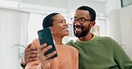 Selfie, happy and a black couple with a phone for social media, reading meme or online chat. Smile, house and a young African man and woman with a hug and mobile for an app, taking picture or web