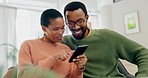 Home, relax and black couple with a cellphone, typing and connection with communication, smile and post. People, African man and woman on a couch, smartphone and email notification with social media
