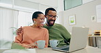 Black couple, video call and communication on laptop in home for digital chat, coffee or smile on social network. Man, woman and wave hello on computer in virtual conversation, online contact or voip