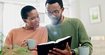 Home, smile and black couple reading a bible, studying and conversation with religion, love and marriage. Learning, African man and happy woman with scripture, spiritual and guidance with discussion