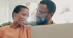 Home, smile and black couple with a laptop, love and connection for online shopping, investment or internet. Relationship, African woman or man with a pc, typing and ecommerce with email notification