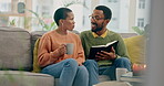 Coffee, bible study and relax with black couple on sofa for praying, worship and discussion. Learning, holy book and tea with man and woman in living room at home for Christian, faith and religion