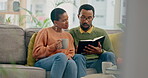 Home, prayer or black couple reading a book together in a Christian home in retirement for hope or faith. Jesus, man or African woman studying bible for love, gratitude or support in religion at home