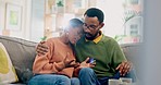 Black people, hug and communication, empathy and love with comfort, couple talk with care and trust. Man support sad woman, bonding and healthy relationship with marriage, partner and relax at home