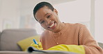 Black woman, spray bottle and cleaning table in house living room for virus safety, bacteria and furniture dirt. Smile, happy and African person with fabric cloth, liquid or chemical product for desk