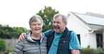 Happy, senior couple and portrait with new house, real estate or investment together for future, retirement or property. Elderly people, smile and hug outdoor in backyard, garden or welcome to home