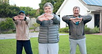 Hands, stretching or senior friends in fitness training together for health or exercise in retirement. Warm up, elderly men or old people in park to move body in workout for wellness or flexibility 