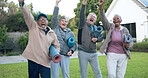 Cheers, fitness or old people training for success together in outdoor exercise in retirement together. Motivation, diversity or happy elderly friends celebrate winning goals in fun workout in park 