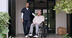 Old man in wheelchair, garden or happy caregiver talking for healthcare support at nursing home. Smile, fresh air or friendly nurse speaking to senior patient or elderly person with a disability