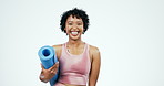 Face smile, yoga mat and woman in studio isolated on a white background mockup space. Portrait, happy and African pilates athlete with funny laugh for exercise, fitness and workout of healthy body