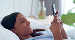 Happy woman, phone and typing in bed, social media or communication and networking in morning at home. Female person smile in happiness on mobile smartphone for online chatting or texting in bedroom