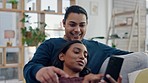 Phone, talking and happy couple on a home sofa for search, internet and social media. Man and woman relax and laugh together on couch with a smartphone for funny video or pointing at choice online