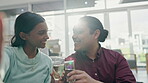 Selfie, toast and kiss with a couple in the home together to celebrate their dating anniversary. Smile, champagne and success with young people in their new home after moving house for real estate