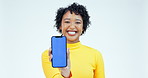 Face, woman and mockup of phone screen in studio for advertising, notification or information on white background. Portrait of happy model show space on mobile for social media news, review and promo