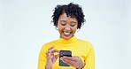 Phone, smile and social media with a woman in studio on a white background for research or browsing. Mobile, ecommerce or website and a happy young person looking for info with an internet search