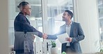 B2b, men or manager shaking hands in meeting for a project partnership or business deal together. Teamwork, diversity or happy people talking or speaking of opportunity, hiring or handshake agreement