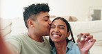 Couple, selfie and keys with face, new home and happy for fresh start, post and dream with post on web blog. Man, woman and portrait with smile, profile picture and update on social media in lounge