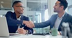 Laptop, meeting and planning with business men shaking hands in the boardroom of their corporate workplace. Handshake, thank you or partnership with a employee team in agreement of a deal or strategy