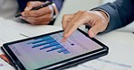 Hands, business people and data on tablet screen with graphs, analytics and performance metrics. Closeup, team and planning digital analysis, infographics and meeting for kpi update, economy or chart