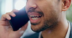 Mouth, phone call and a business man talking closeup in his office for communication or networking. Mobile, contact and negotiation with a male employee chatting in his professional workplace