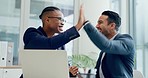 Laptop, high five and celebration with business men cheering in the boardroom of their corporate workplace. Wow, motivation and support with an employee team excited about marketing or design