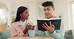 God, worship and a couple reading the Bible in their home together to study the Christian faith. Book, religion or faith with a man and woman learning about Jesus or spirituality in the living room