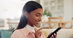Fast food, delivery and woman with phone on a sofa for internet, search and meal order at home. Online shopping, pizza and portrait of female customer with okay hand emoji for app review or feedback