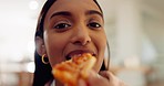 Fast food, feeding and pizza with face of woman for offer, happy and lunch break. Couple, hungry and date with portrait of person eating in living room at home for perspective, date and sharing