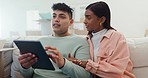 Couple on sofa, tablet and smart home setting for security, automation and heating in new house. Future technology, man and woman on couch with digital app for control of online apartment management.