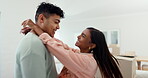 Love, dance and fun with a couple in their home together closeup for romance or dating. Music, laughing or excitement with a young playful man and woman in their apartment listening to the radio