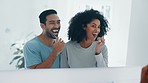 Interracial couple, brushing teeth and mirror in morning routine, dental hygiene or care in bathroom at home. Happy man and woman cleaning mouth, oral or gums in happiness or tooth whitening together