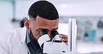 Scientist, man and microscope, computer and laboratory  research for data analysis in pharmaceutical or medical study. Science person or doctor with biotechnology, online software and lens check