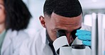 Man, scientist and microscope in laboratory research, discovery or forensic team in science. Male person, medical or healthcare professional looking in scope for breakthrough or cure in the lab