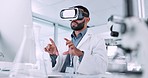 Man, scientist and VR or futuristic glasses for healthcare software, metaverse and 3d laboratory in digital experience. Medical worker or doctor hands in virtual reality, science research and vision