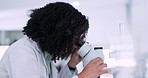 Microscope, science and woman scientist working on dna analysis for medical study or experiment. Professional, biotechnology and female researcher doing rna particles research for pharmaceutical lab.