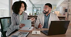 Business people, teamwork and collaboration on tablet, laptop and marketing research, multimedia data or training. African woman and man in office talking, planning or digital feedback and computer