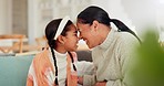 Happy, nose and family or mother and daughter at home with love, care and affection. Face, smile and profile of a woman and girl kid from Mexico together to relax, security and laughing for fun