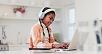 Online, education and laptop with child and headphones for learning and typing homework. Elearning, computer and happy girl with smile from digital studying, development and web class in a home