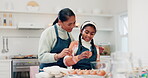 Cooking, baker and eggs with mother and daughter in kitchen for cookies, help or learning. Food, love and support with woman and girl baking in family home for dessert, recipe or breakfast together