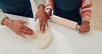 Cookies, help and hands of mother and daughter in kitchen for cooking, baker or learning. Food, love and support with closeup of people and rolling pin in family home for dessert, recipe or breakfast