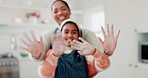 Hands wave, child face and cooking with blur and mom love, care and support in a home. Flour, baking and greeting with hello portrait and welcome in a house with a smile from food and learning