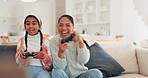 Playing video game, mom and child on sofa, fun and relax in living room of home with internet, controller and streaming. Online gaming, technology and excited girl with mother on couch on virtual app