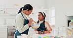 Cooking, taste and mother and daughter in kitchen for cookies, happy or learning. Food, love and support with  woman and young girl baking in family home for dessert, recipe or breakfast together