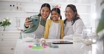 Family, selfie and kitchen with online, learning and support of mom, child and grandmother together. Love, social media ad profile picture of a grandma, young girl and mother with a smile in a home