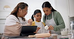 Tablet, cooking and learning with family in kitchen for helping, food and recipe blog. Baking, nutrition and generations with women and child at home for technology, health and meal prep together